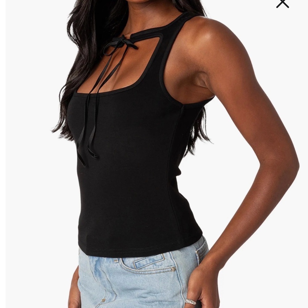 Edikted Black Scoop Neck Tie-Front Ribbed Tank Top